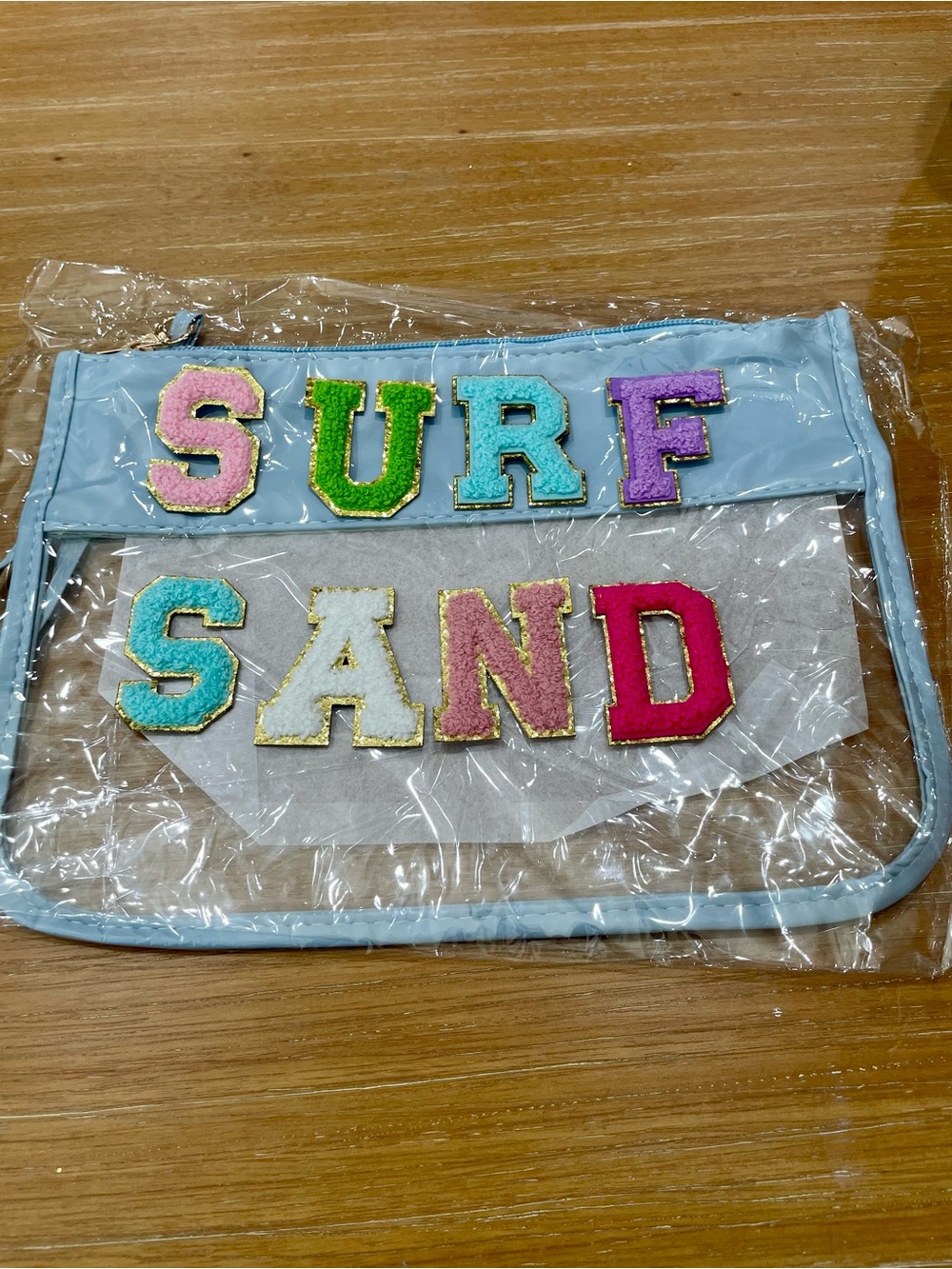 Clear Vinyl Pouch Makeup Zip Bag with Wristlet Chenille Letters DIY